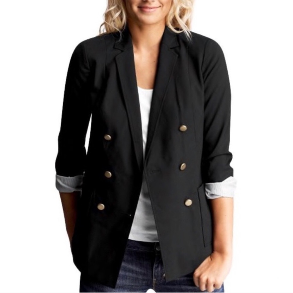 GAP Double Breasted Black Wool Blend Blazer Bronze Buttons Lined Patch Pockets
